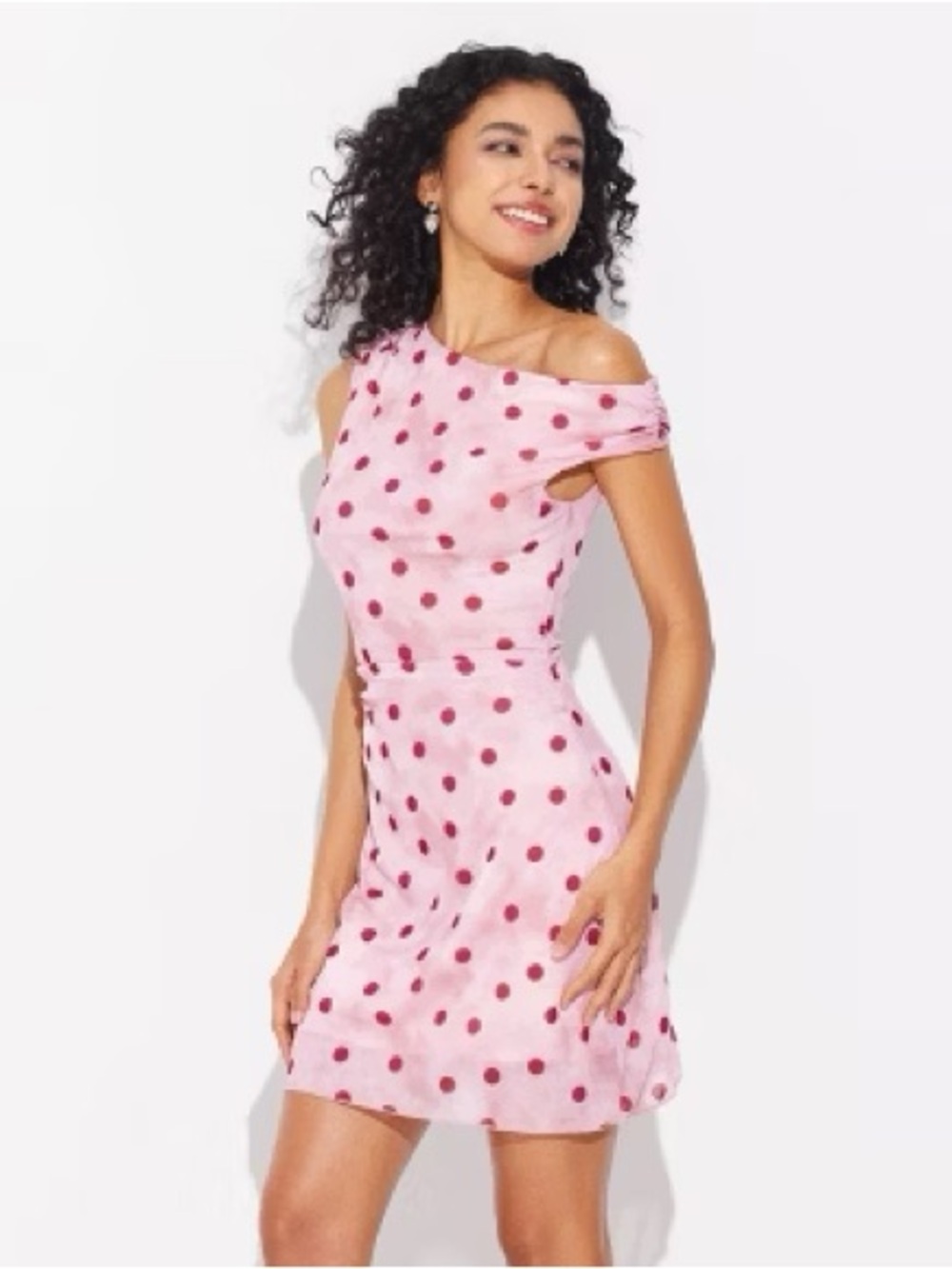 Wild-fable Pink Polka Dot Dress off the shoulder